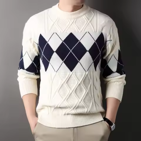 High Quality Thick Mens Sweater Fashion Argyle Mock Neck Knitted Pullovers Autumn Winter Patchwork W