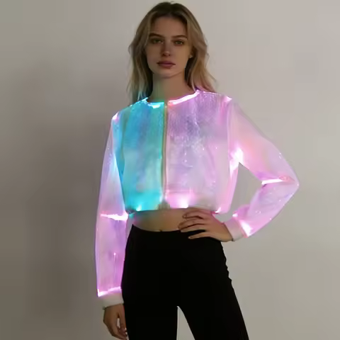 Women's LED Fiber Optic Light Up Jacket Color Changing Glowing Cropped Top Luminous Party Wear for R