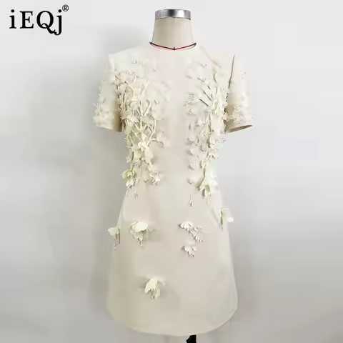 IEQJ Summer Short Sleeve Dress Women Three-dimensional Flower Zipper O-neck Mini Bead Dresses New 3A