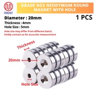 1pcs - Grade : N52 20mm x 4mm Neodymium Round Magnet with Hole