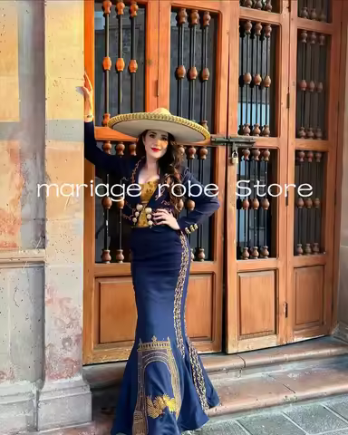 Navy Blue Mermaid Prom Formal Dresses Long Sleeve Jacket Traje Mexicano mariachi Embroidery Evening 