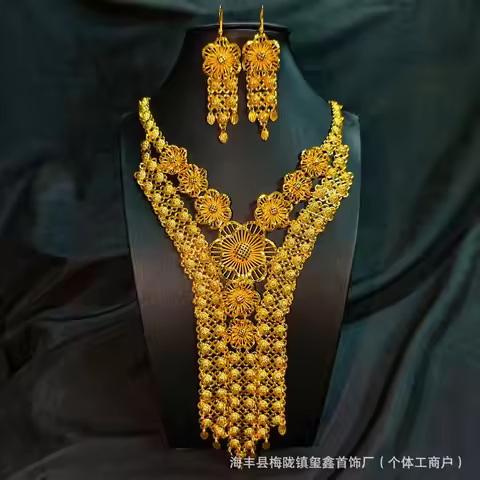 Luxury 24K 9999 Pure Gold real gold Di Cross Border Bye Necklace Flower Grid Women's Set Necklace