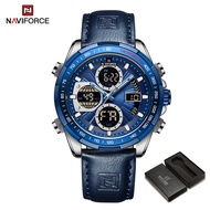 NAVIFORCE นาฬิกาข้อมือแฟชั่นสำหรับผู้ชายNF9197L สายหนังนาฬิกาข้อมือมัลติฟังก์ชันอนาล็อกจอแสดงผลคู่โค