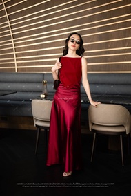 พร้อมส่ง Maxi เดรสแขนกุดโค้งหน้าต่อกระโปรงผ้าวาเลน งานป้ายvshopbrand