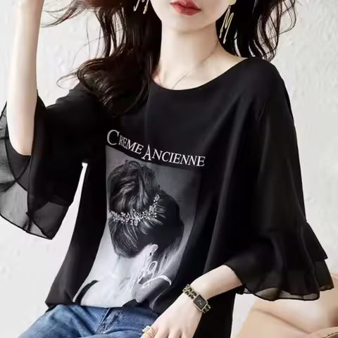 Elegant Women Blouse With Vintage Print And Ruffled Sleeves Loose Fit O Neck Top For Summer Casual W
