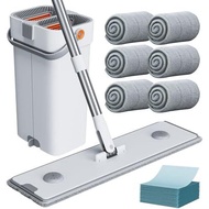 CTIME Large Mop and Bucket Set, Flat Mop and Bucket System, Wall Mop with Adjustable Handle (Max 74 