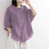 Women Korean Style Cotton Blouse 3/4 Sleeve Lantern Sleeves Baju Blaus Gaya Korea Wanita Office Wear 韩式纯色休衬衫上衣