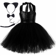 Sequins Black Cat Tutu Dress Costume For Girls Birthday Party Tulle Dresses Outfit Kids Girls Hallow