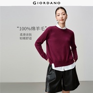 GIORDANO Ladies Sweaters 100% Wool Oblique Hem Sweaters Crewneck Solid Color Fashionable Casual Loos