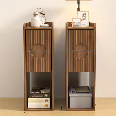 Narrow Fluted Nightstand Set of 2, 2-Drawer Wooden Bedside Table, Slim Vintage Modern Side Table, Wa