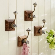 GANTUNGAN Vintage clothes hanger, wooden flower motif clothes hanger brown flowerbiru, curtain rope 