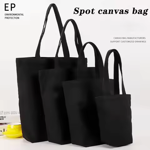 Black Canvas Tote Cotton Bag Shopping Bag Reticule Cosmetic Bag Student Shoulder Bag Black Canvas Ha