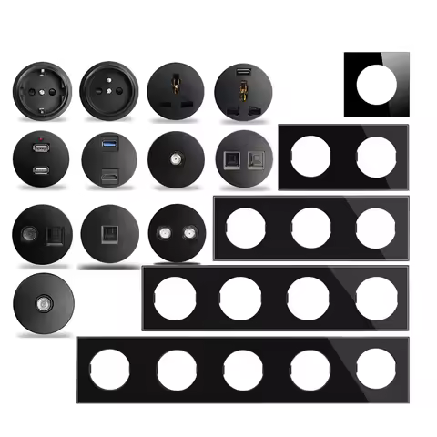 EU French Wall Socket Black Glass Plate Power Outlet USB Charger RJ45 CAT6 HDMI-compatible Audio Mod