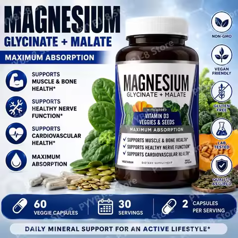 90 Capsules Magnesium Complex Supplement with Glycinate Malate and Vitamin D3 Daily Support Bone and