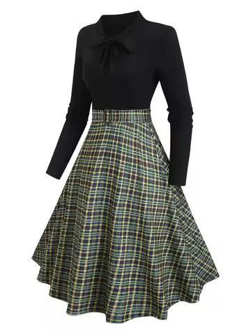 A plus-size lady's retro dark green plaid knit dress from the era