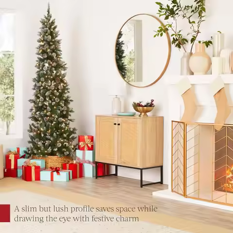 7.5ft Pre-lit Pencil Christmas Tree, Partially Flocked & Frosted Slim Holiday Tree Decoration