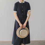 法式復古 少女作家 文藝高腰撞色翻領洋裝