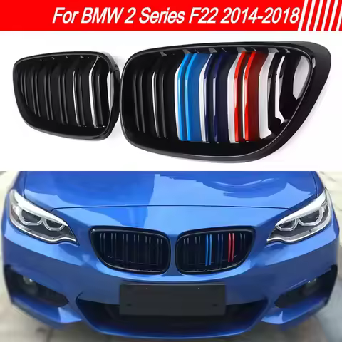 Gloss Black M Color Dual Slat Front Hood Kidney Grilles Grill Compatible For BMW F22 F23 M2 2014-201