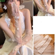 SDEER Satin Long Gloves, Lace Sweet Wedding Bridal Gloves, Retro Elastic Vintage White Long Finger M