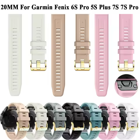 20mm Champagne Gold Buckle Watch Band For Garmin Fenix 7S 6S Pro 5S Plus Straps Quick Release Silico