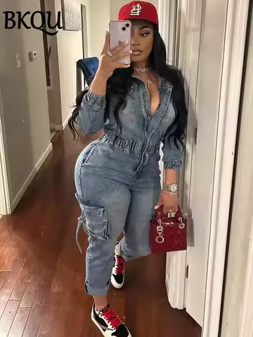 BKQU Denim Cargo Jumpsuit Women Pockets Patchwork Fashion Lapel Zipper Jean Stretch Overalls Playsui