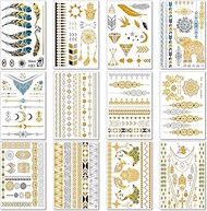 Metallic Temporary Tattoos for Women Teens Girls - 12 Sheets Gold Silver Temporary Tattoos Glitter S