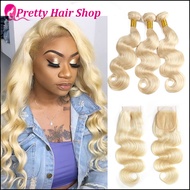613 blonde color body wave Peruvian human hair with  closure