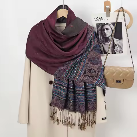 Hotsale Jacquard Printed Pashmina Shawl Women Cotton Muslim Hijab Tassel Headscarf Scarf Ethnic Styl