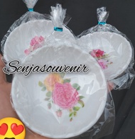 Isi (50pcs) souvenir mangkok melamin gerigi putih motif bunga/mangkok bunga kemasan plastik