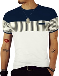 Men's Strip Casual Slim fit Cotton T-Shirt Short Sleeve Crewneck Tee Shirts for Boy