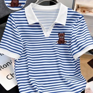TEMU เสื้อเชิ้ตลายทางพิมพ์ลายหมีโบว์ริบบิ้นสีแดงน่ารัก, ผ้านุ่มลื่น, สวมใส่สบายและทนต่อรอยยับ, คอปกค