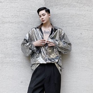 เสื้อเชิ้ตแขนยาวสีทองเงาสำหรับผู้ชาย แฟชั่นฮิปฮอป เสื้อผ้าโชว์นักร้องคาราโอเกะ แฟชั่น DJ ฤดูร้อน 202