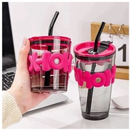 4266 3D silicone letter belt glass cup with straw 350ml anti-spill Lovely and luxurious glass cup