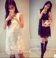韓國新款 - 韓版時尚複古鏤空蕾絲雪紡連身裙 (2色)