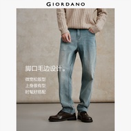 GIORDANO Men Jeans Frayed Edge Loose Denim Jeans Mid Rise Retro Wash Fashionable Casual Denim Pants 
