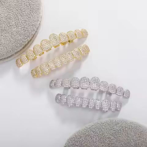 Hip Hop Teeth Grillz Set Top & Bottom Set Removable Design Hiphop Teeth Grillz Hollow Rhinestone Cha