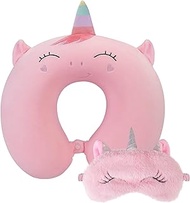 Travel Neck Pillow for Kids,Unicorn Memory Foam Pillow with Eye Mask,Cartoon U-Shaped Plush Airplane Car Flight Headrest Neck Chin Support Pillow with Snap,Gift for Adult Toddler Children Boy Girl