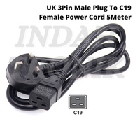 IEC UK 13A Male 3 Pin Plug to C19 Female Cable Wayar Power Cord - 5Meter