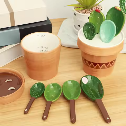 4Pcs Ceramic Measuring Spoons Set with Base Reusable Cute Cactus Shape Stirring Soup Spoon for Kitch
