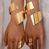 4pcs/Set Bestie Sisters Gold Geometric Jewelry Bracelet & Ring Set, Thick Bangle Bracelet & Ring Set