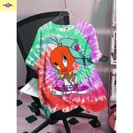 MC Plus-size tie-dye Tweety Bird and letter pattern casual crew neck short-sleeved T-shirt, perfect 