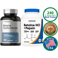 ✅ NEW Real Betaine HCL + Pepsin 790mg 240 Caps Digestion, Metabolism, Nutrient Absorption Nutricost