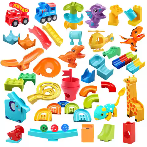 Marble Race Run Big Building Blocks Crazy Rolling Ball Compatible Slide Dinosaur Tunnel Animal Brick