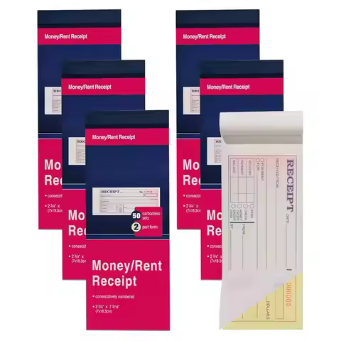 Six-Book Set of Cash and Rent Receipt Books, Measuring 2.75 Inches X 7.19 Inches, Dual Carbonless Co