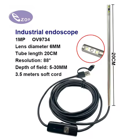 1MP USB side view endoscope, diameter 6mm, hard tube 20cm, FOV88゜ IP67 waterproof 3-in-1 cable