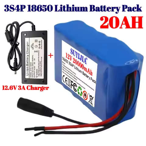 3S4P 12V High Capacity Battery 20000mAh 18650 Lithium Ion Battery W/ 40A BMS XT60 plug Dc5521 400W H