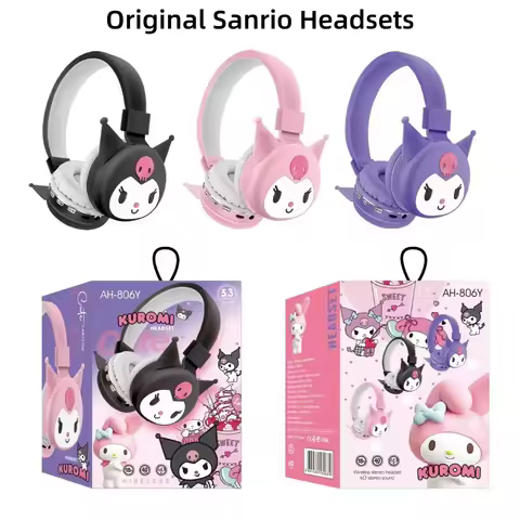 Original Sanrio Kuromi Wireless Bluetooth Headsets Cartoon with Mic Foldable Lightweight Stereo Earp