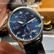 BOSS手錶,編號HB1513515,44mm銀圓形精鋼錶殼,寶藍色中三針顯示, 雙眼錶面,深黑色真皮皮革錶帶款,送禮必備!, 送禮最愛!