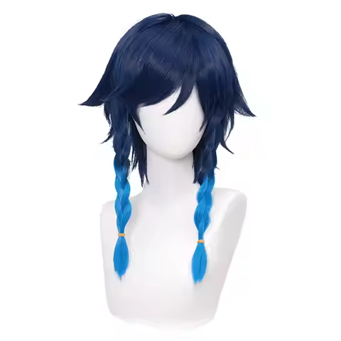 Braids Ponytails Bangs Navy Blue Wig for Venti Cosplay Costume 2 Tone Anime Braided Hair Wigs