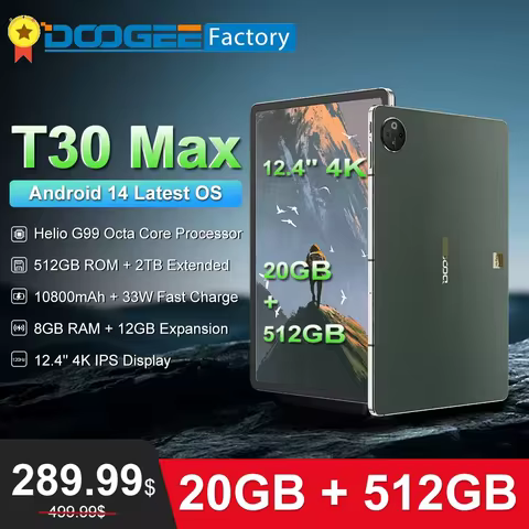 DOOGEE T30 Max Tablet 12.4" 4K Aluminum Alloy Nano Unibody Widevine L1 20GB(8GB+12GB)+512GB 10800mAh